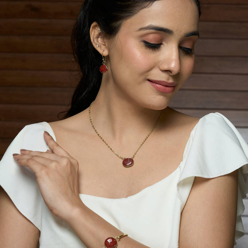 Gold Plated Necklace with Semiprecious Stone - Red Jasper