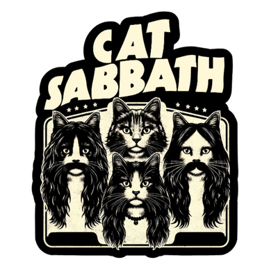 Sticker with 'Cat Sabbath' design featuring cats with long hair and mustaches