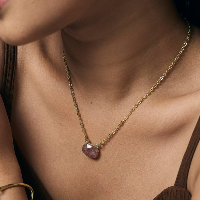 Gold Plated Necklace with Semiprecious Stone - Strawberry Quartz