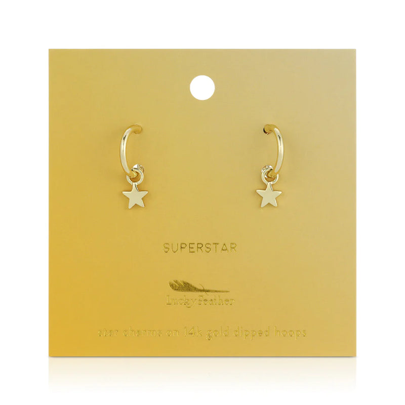 Lucky Feather Hoop Earrings with Drop Charm