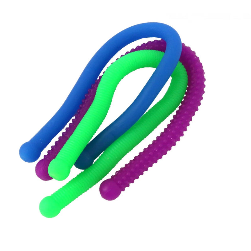Three colorful flexible noodles in blue, green, and purple on a white background