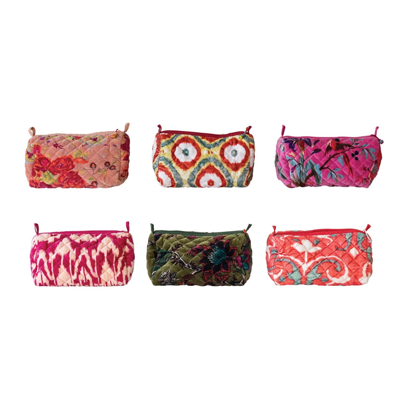 Quilted Cotton Velvet Printed Zip Pouch with Pockets