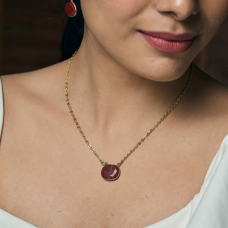 Gold Plated Necklace with Semiprecious Stone - Red Jasper
