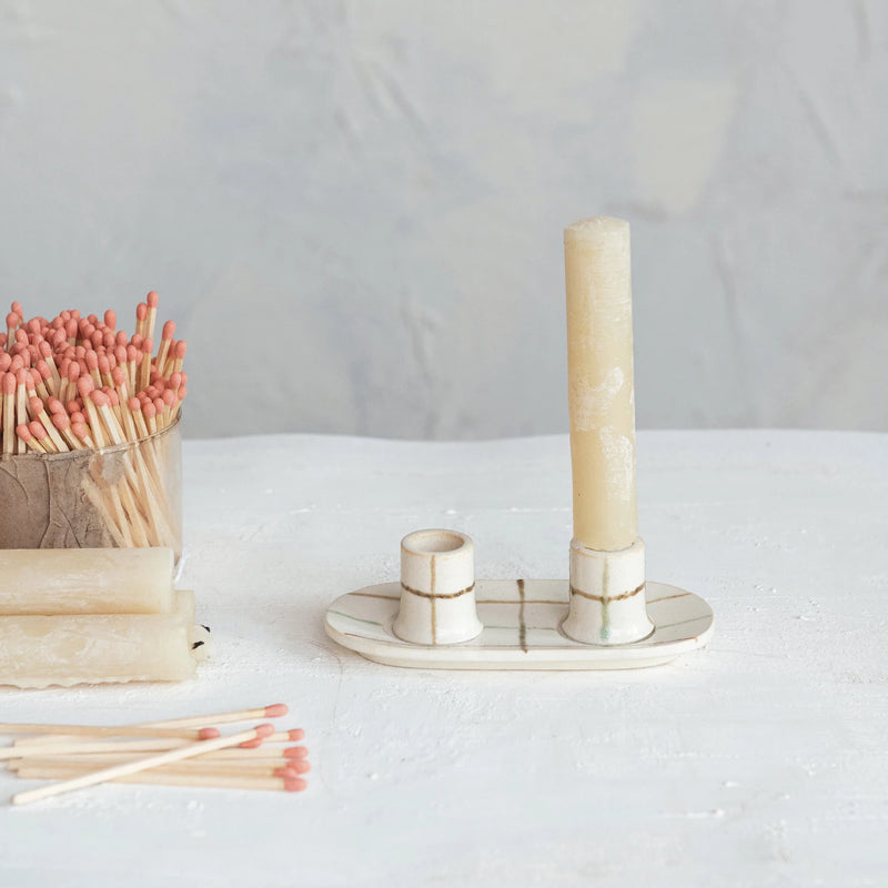 Hand-Painted Stoneware Double Taper Candle Holder