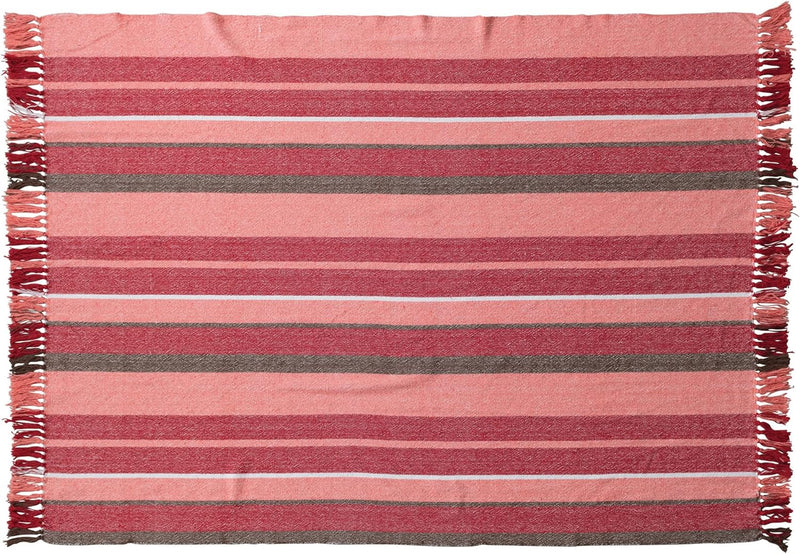 Woven Recycled Cotton Throw with Red Stripes & Fringe