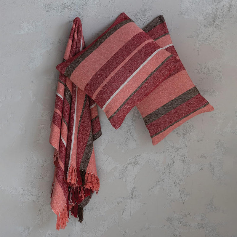 Woven Recycled Cotton Throw with Red Stripes & Fringe