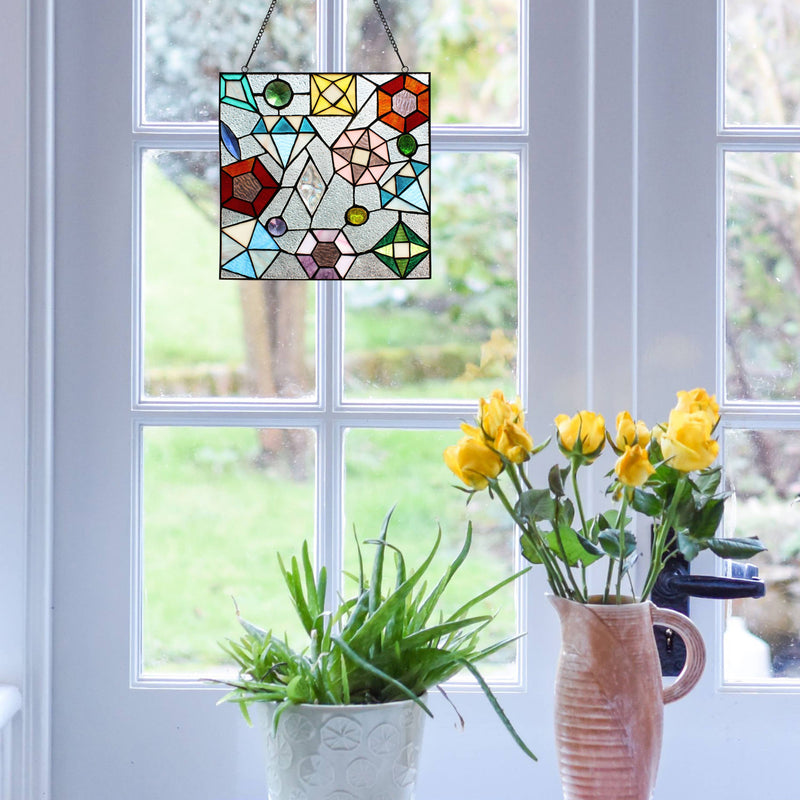 12.5"H Multicolor Gemstones Stained Glass Window Panel