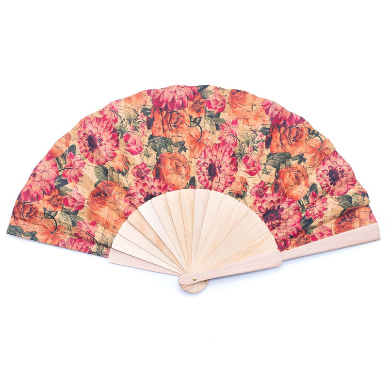 Cork Antique Wooden Folding Hand Fan - Pink Floral