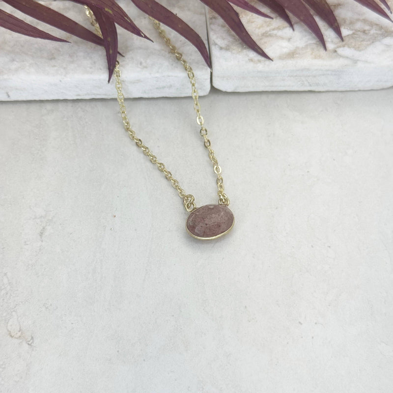 Gold Plated Necklace with Semiprecious Stone - Strawberry Quartz