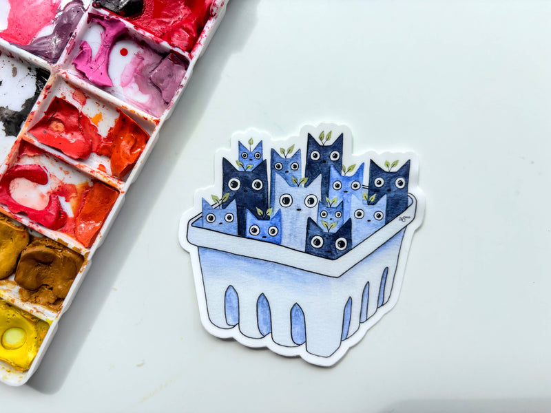 Blueberry Cat Basket Vinyl Sticker – Cute Fruit Animal Art