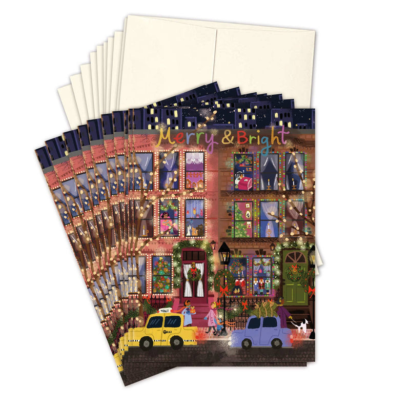 Festive Townhouse Scene Christmas Card Set of 10