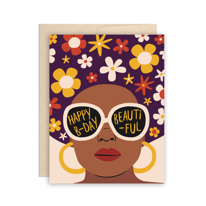 Happy Birthday Beautiful - Flower Afro Card