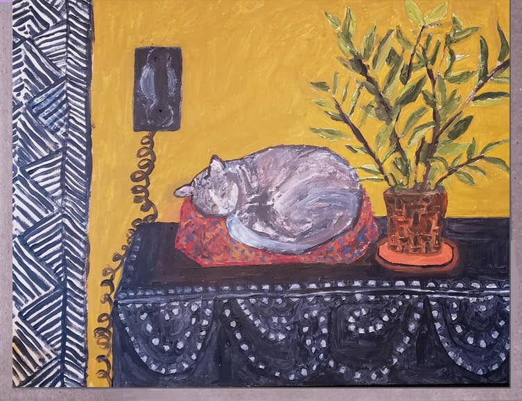 Cat on Dresser with Plant Card