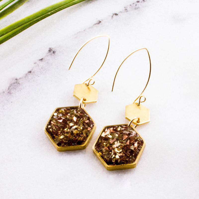 Gold + Copper Glass Glitter Honeycomb Brass Earrings