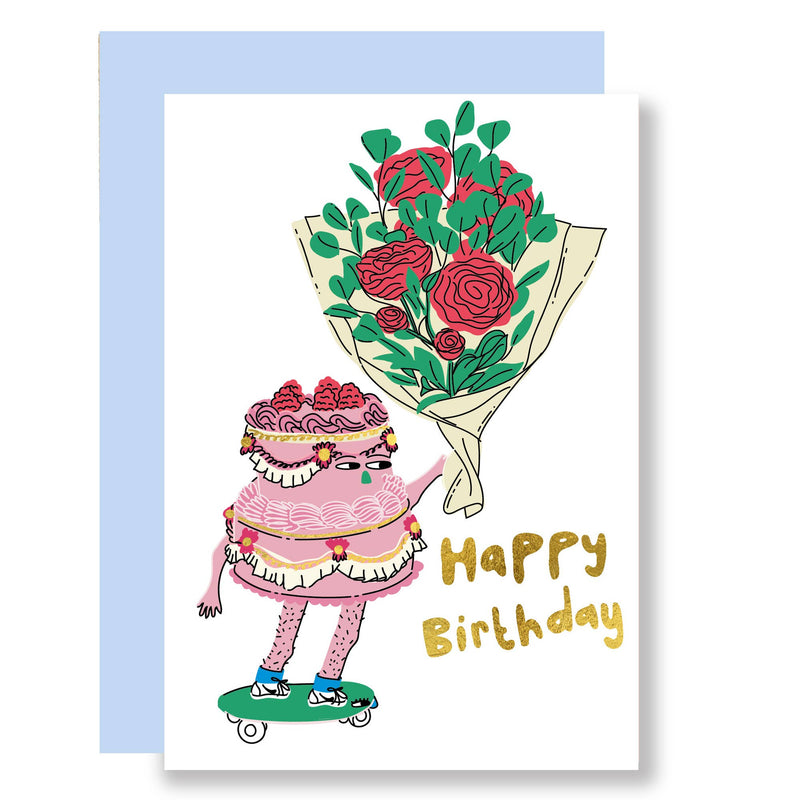 Cake on Skates Gold Foil Birthday Card