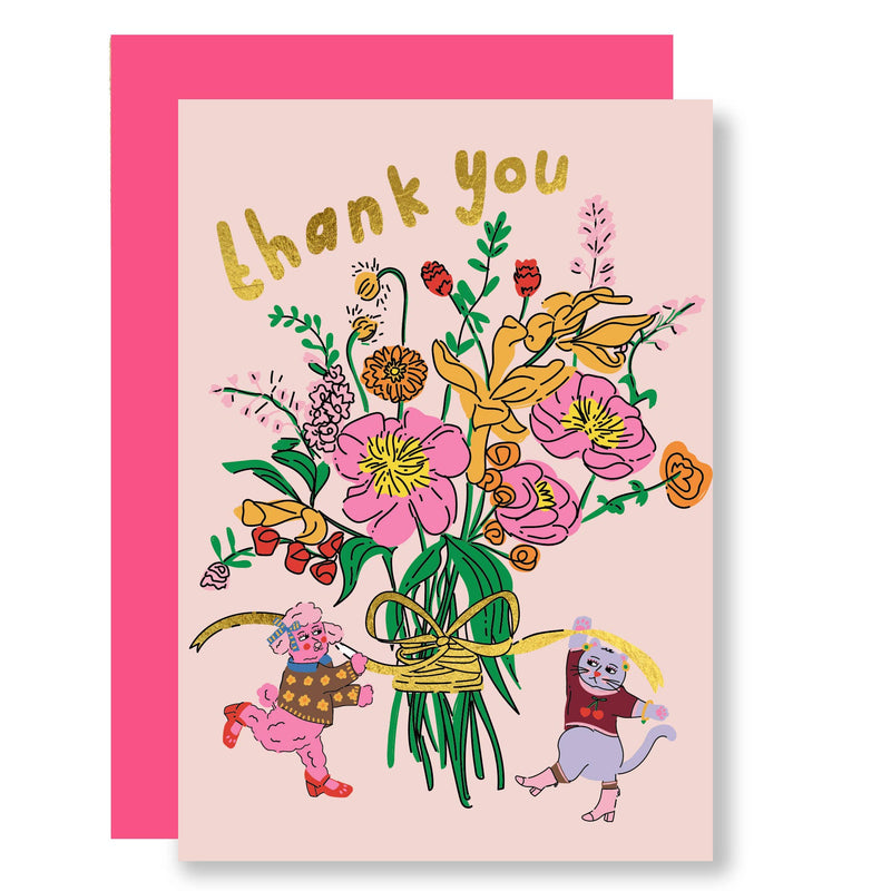 Bunch Of Flowers, Pets in Clothes Thank You Card