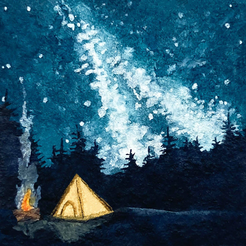 Mini 1" Camping Galaxy Night Tiny Watercolor Print