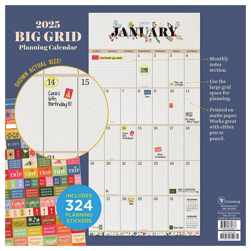 2025 Big Grid Floral Wall Calendar