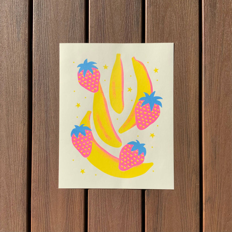 Strawberry Banana Risograph Art Print - 5" x 7"