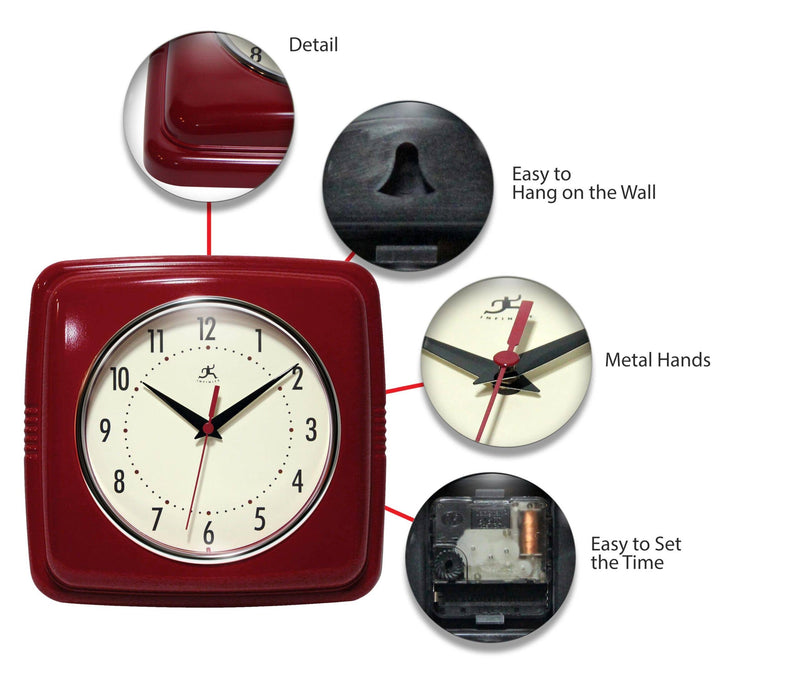 Retro Square Wall Clock in Dark Red