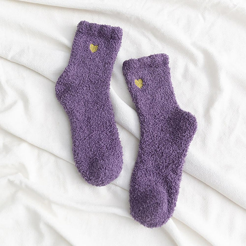 Soft Knit Plush Socks with Heart Embroidery