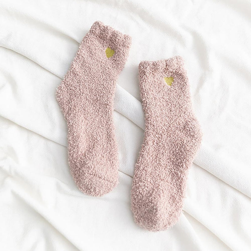 Soft Knit Plush Socks with Heart Embroidery