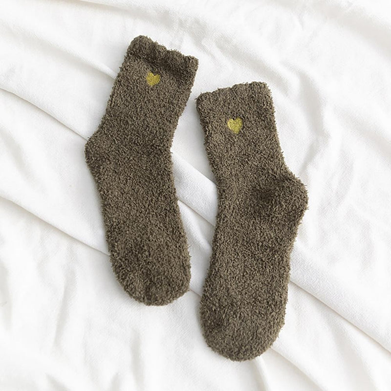 Soft Knit Plush Socks with Heart Embroidery