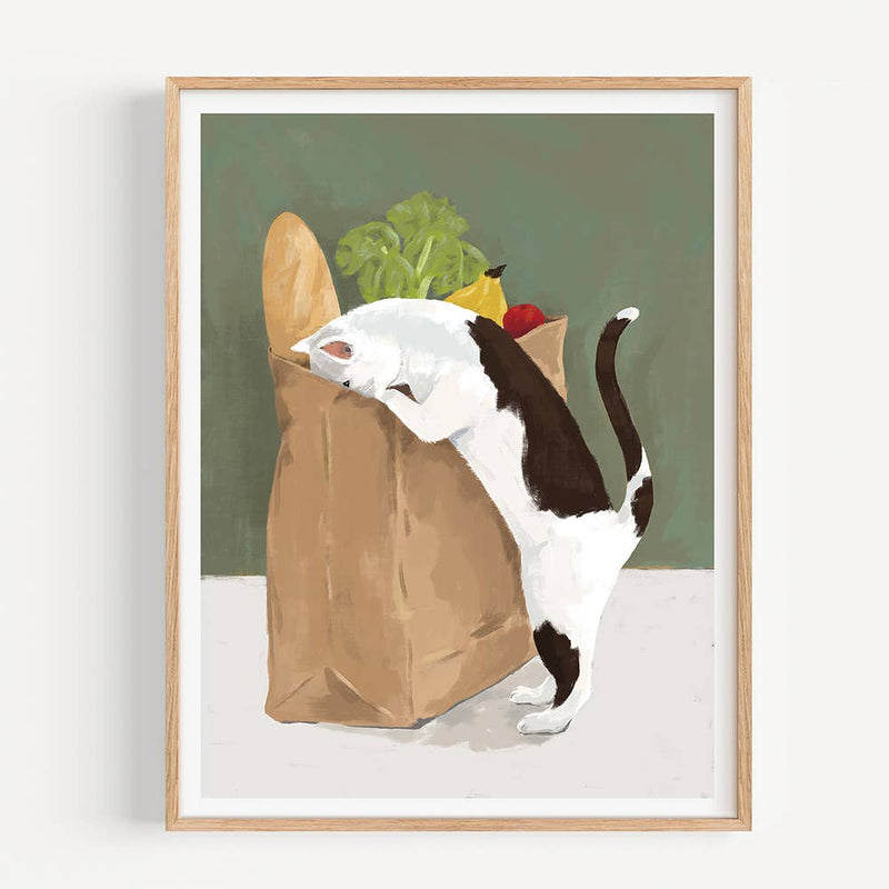 Cat Snooping in Grocery Bag Art Print