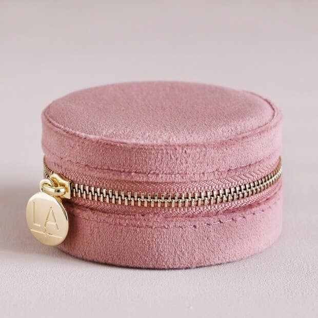 Rose Pink Velvet Round Travel Jewelry Case