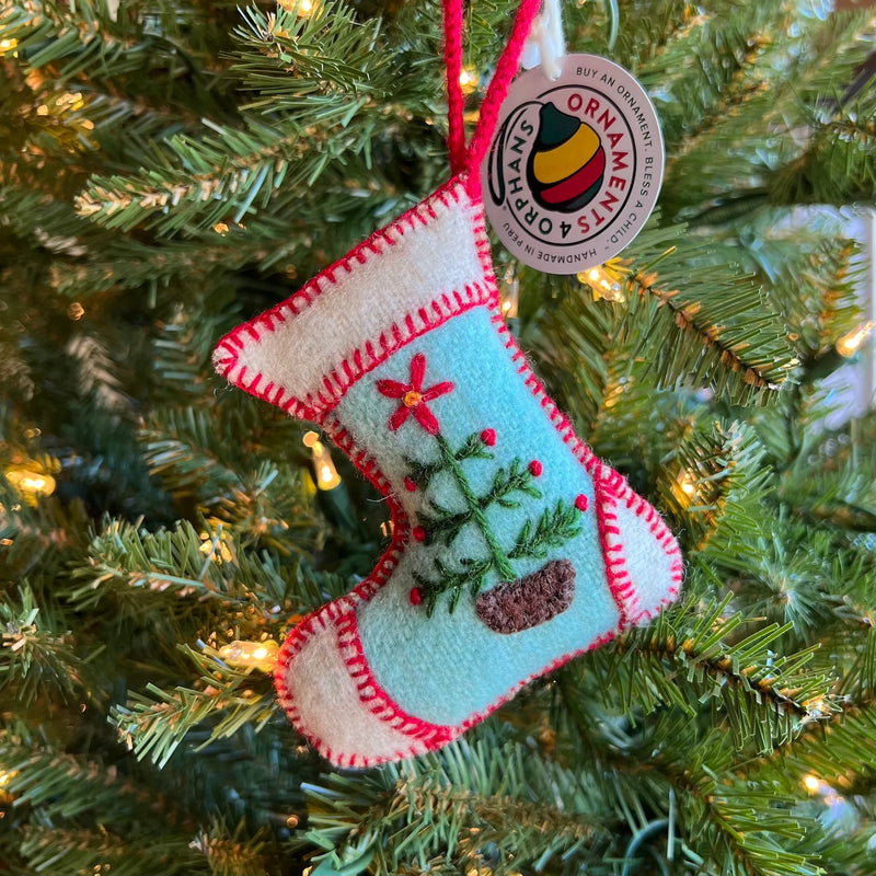 Blue Stocking Embroidered Wool Ornament