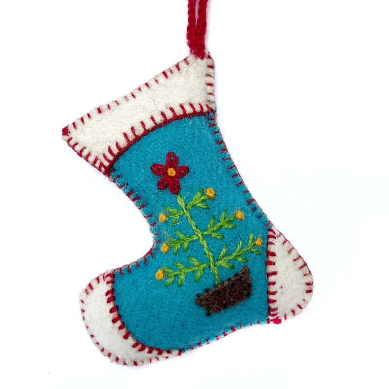 Blue Stocking Embroidered Wool Ornament