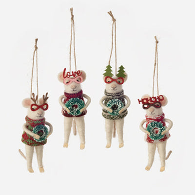 Four Christmas-themed mouse ornaments with wreaths and festive attire on a white background