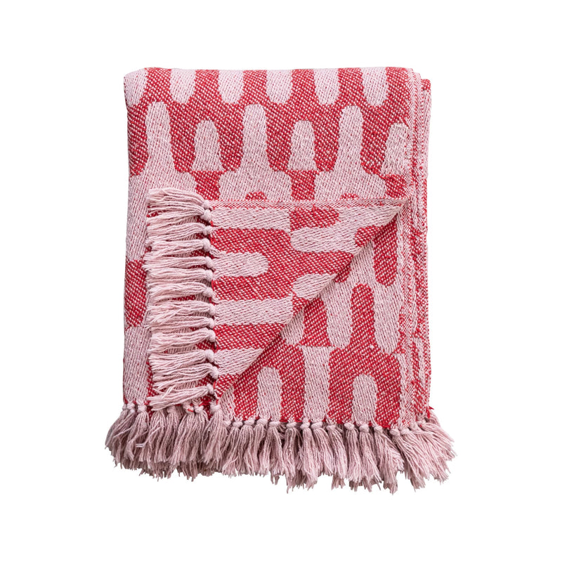 Recycled Cotton Throw w/ Fringe, Red & Pink