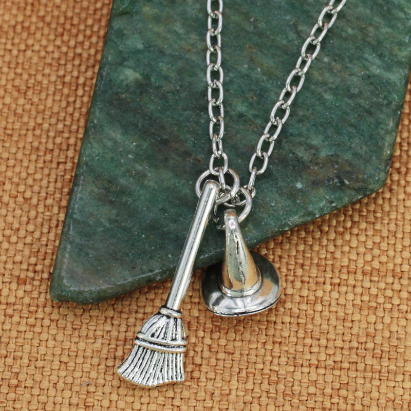 Silver Witch Hat and Broom Charm Necklace