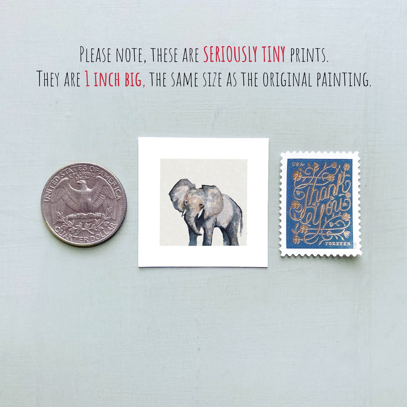 Mini 1" Elephant Tiny Watercolor Painting Art Print