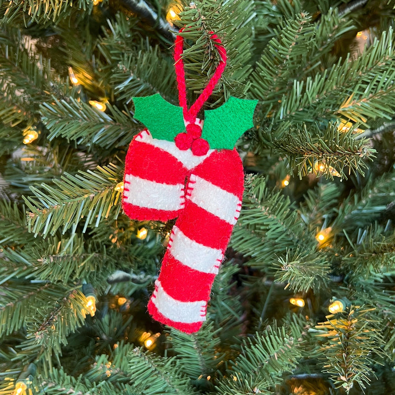 Candy Cane with Holly Embroidered Wool Ornament
