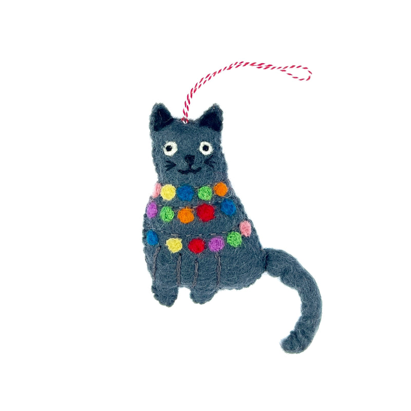 Cat Tangled in Lights Wool Ornament