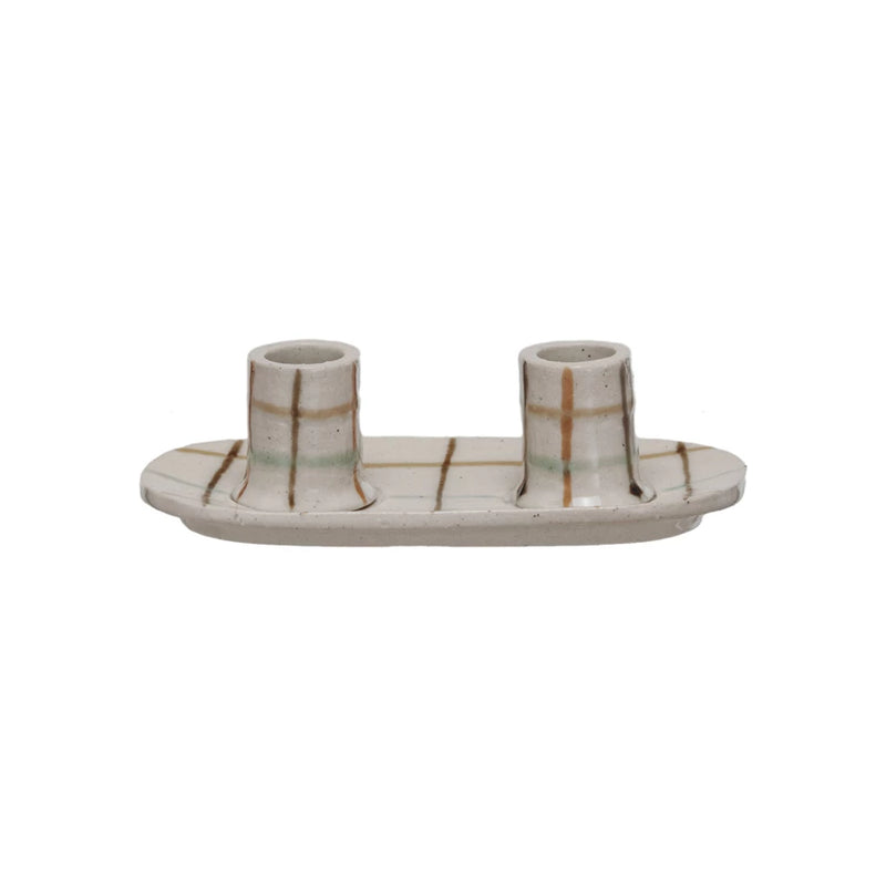 Hand-Painted Stoneware Double Taper Candle Holder