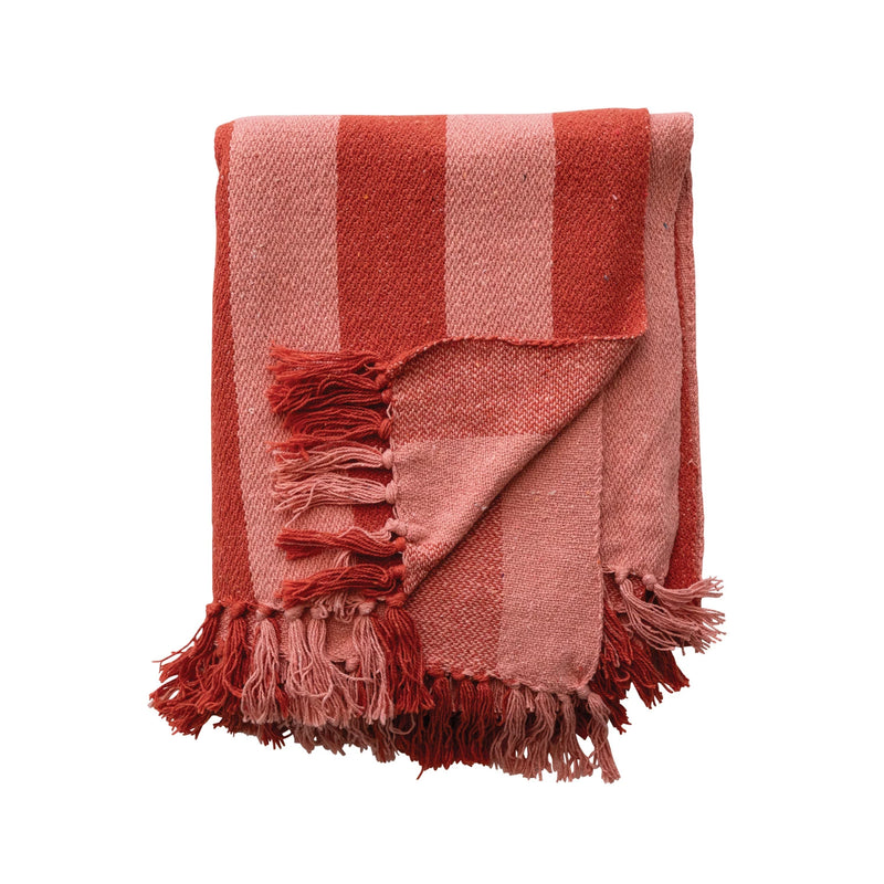 Striped Recycled Cotton Blend Throw with Fringes