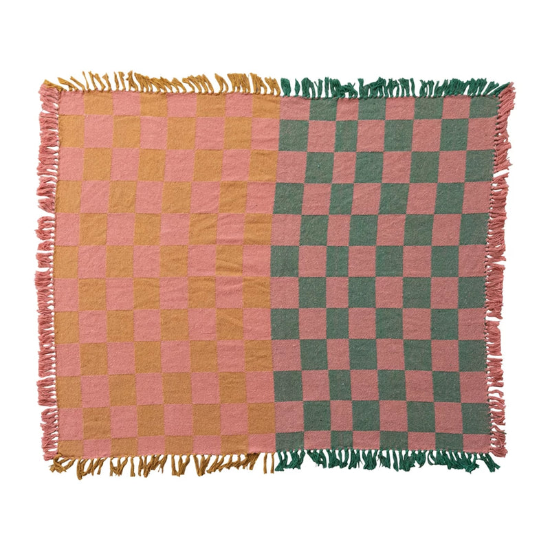Recycled Cotton Blend Two-Tone Checkered Throw with Fringe