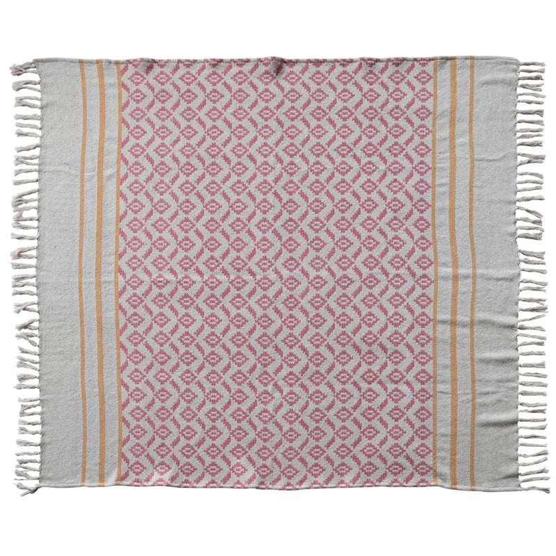 Pink Medallion Recycled Cotton Blend Jacquard Throw with Tassels