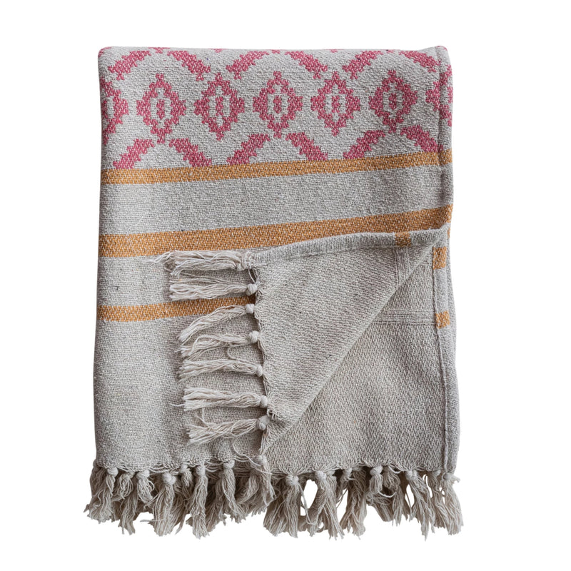 Pink Medallion Recycled Cotton Blend Jacquard Throw with Tassels