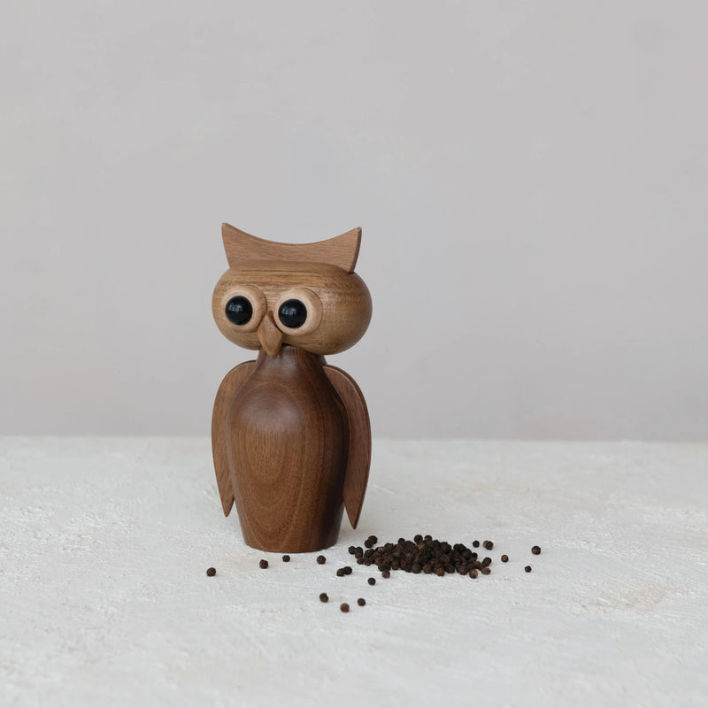 Acacia Wood Owl Shaped Salt or Pepper Mill
