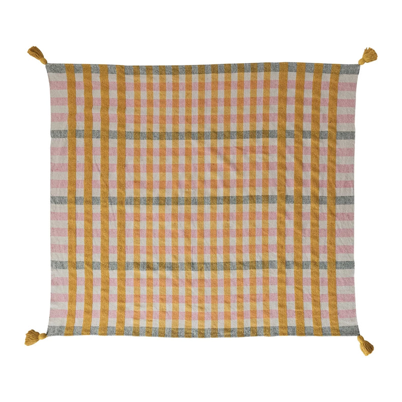 Plaid Recycled Cotton Jacquard Throw with Yellow Tassels