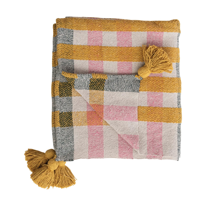 Plaid Recycled Cotton Jacquard Throw with Yellow Tassels