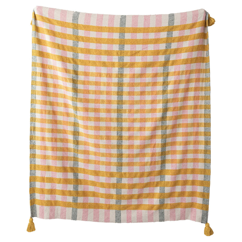 Plaid Recycled Cotton Jacquard Throw with Yellow Tassels