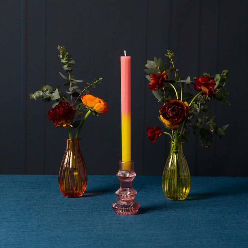 Ribbed Pink Glass Candlestick Holder