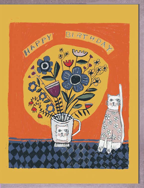 Cat Cup Flowers Birthday Card