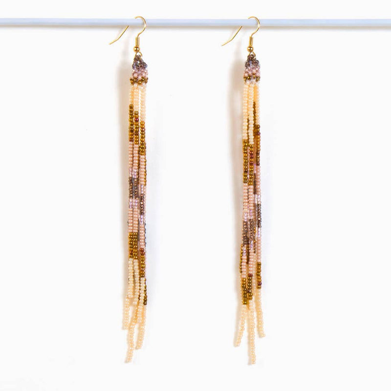 Beaded Fringe Duster Earrings - Mauve Sand