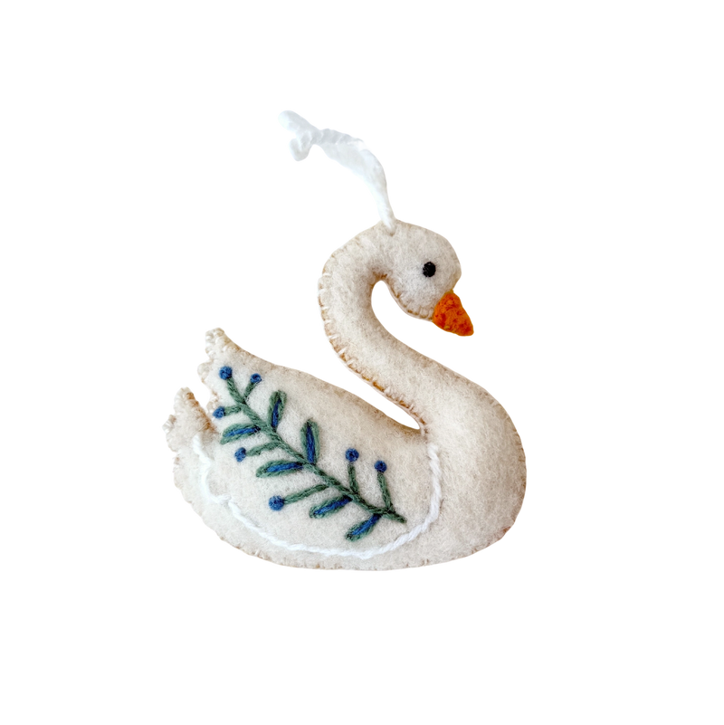 Swan with Branch Embroidered Wool Ornament
